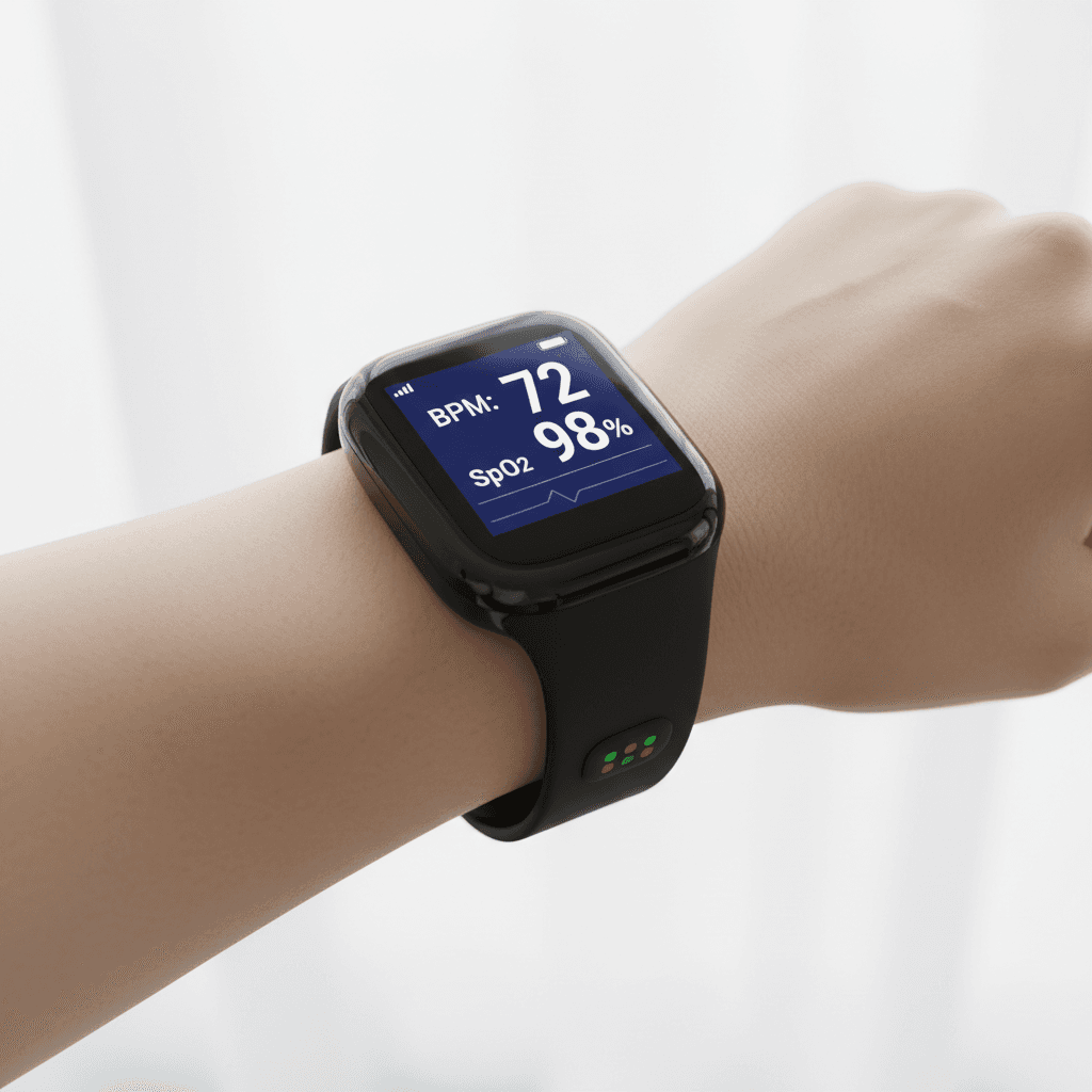 Patient wearing MySmartRPM pulse oximeter device